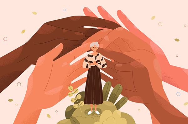 Illustration de plusieurs mains entourant et montrant une protection pour une femme âgée qui se tient au milieu de ces mains surdimensionnées.